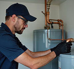 Ein Handwerker überprüft konzentriert die Kupplung einer Kupferrohrleitung an einem Boiler.