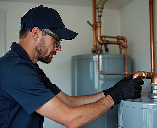 Ein Handwerker überprüft konzentriert die Kupplung einer Kupferrohrleitung an einem Boiler.