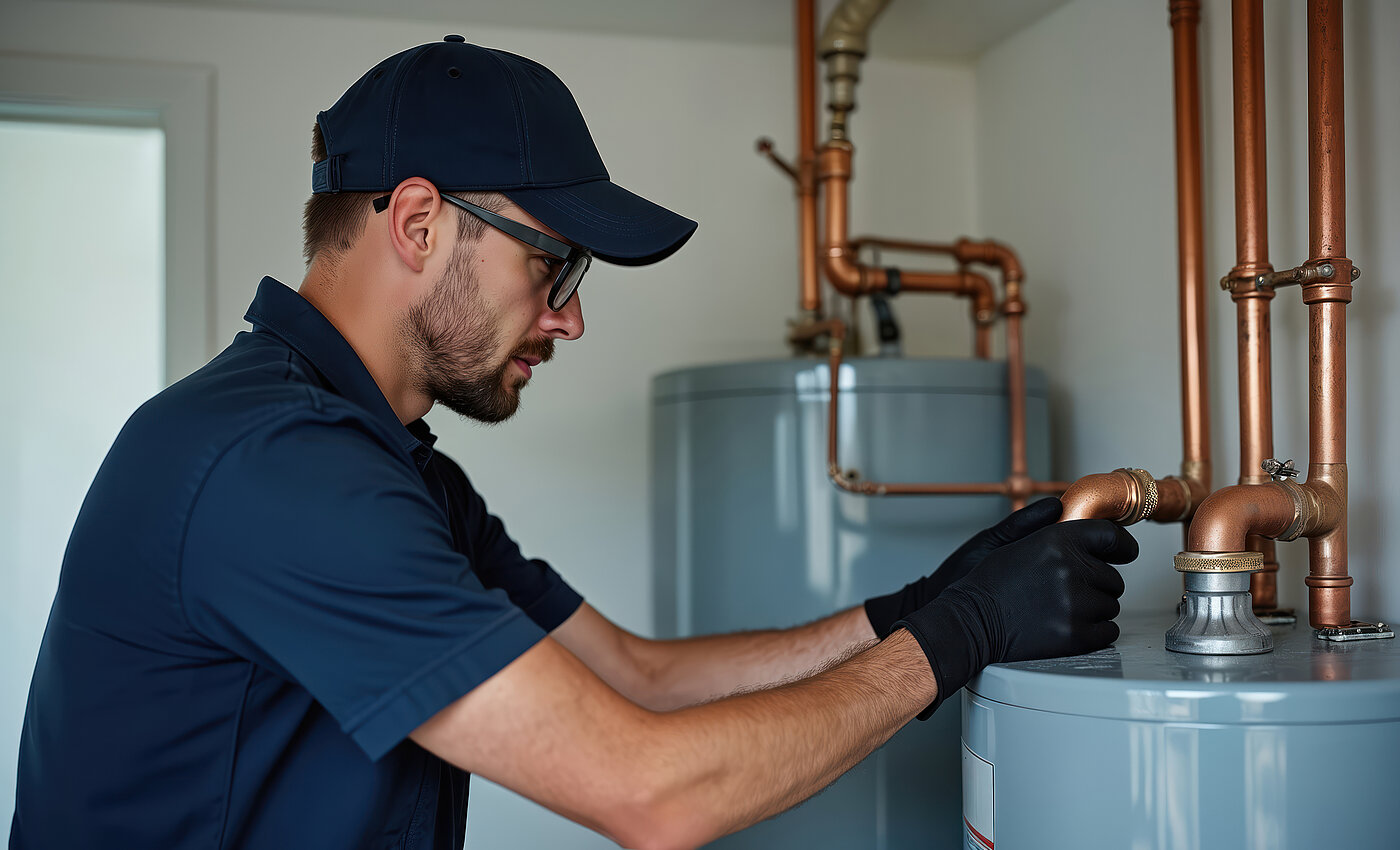 Ein Handwerker überprüft konzentriert die Kupplung einer Kupferrohrleitung an einem Boiler.
